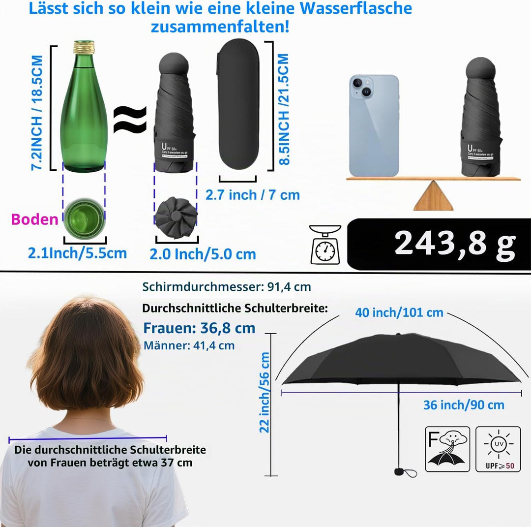 BAODINI Reise-Mini-Regenschirm für Geldbörse mit Etui – kleiner kompakter UV-Regenschirm, Sonnenschu