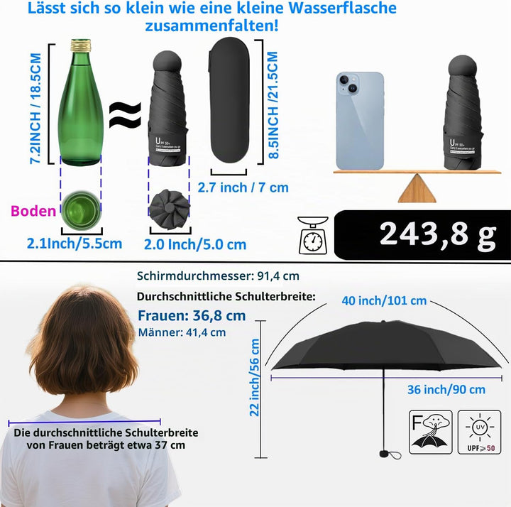 BAODINI Reise-Mini-Regenschirm für Geldbörse mit Etui – kleiner kompakter UV-Regenschirm, Sonnenschu