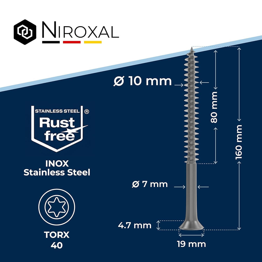 Edelstahlschrauben Torx Holzschrauben 10x160 Edelstahl V2A rostfrei Spanplattenschrauben für Holz Te