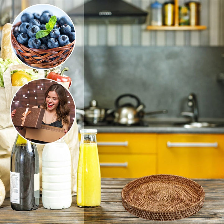 Rundes Handgeflochtenes Rattan Tablett 30cm aus Weide Flacher Aufbewahrungskorb für Küche Couchtisch