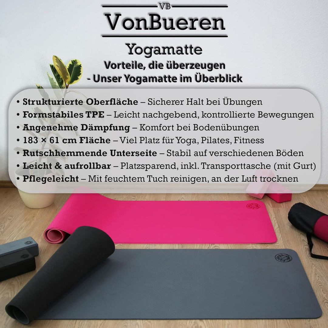 VonBueren Yoga Matte rutschfest | ca. 183 x 61 cm | Yogamatte | Pilates-Gymnastikmatte grau, grau