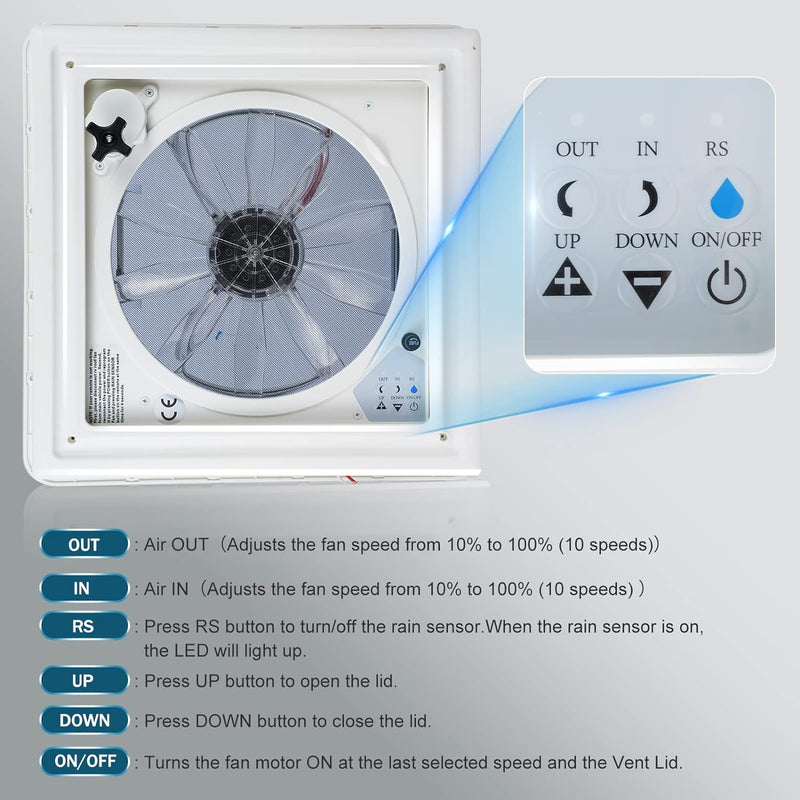 Aomdom RV-Dachventilator, VR-Ventilator, mit Regensensor, mit 10 Geschwindigkeitsstufen, elektrische