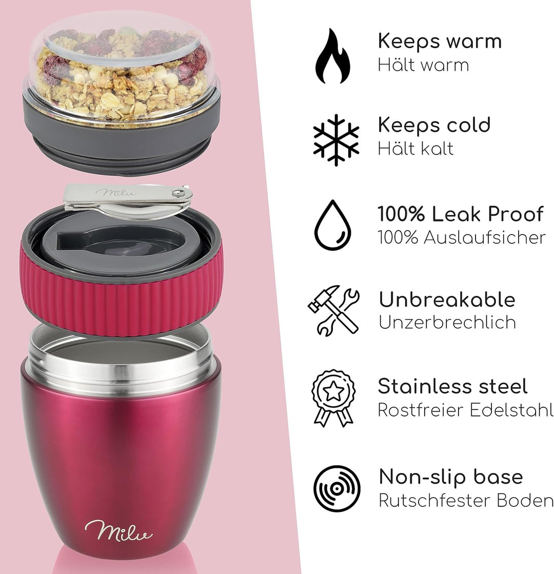 Milu Müslibecher to go 400ml MüsliMax I isolierter Edelstahl Joghurtbecher für Müsli I auslaufsicher