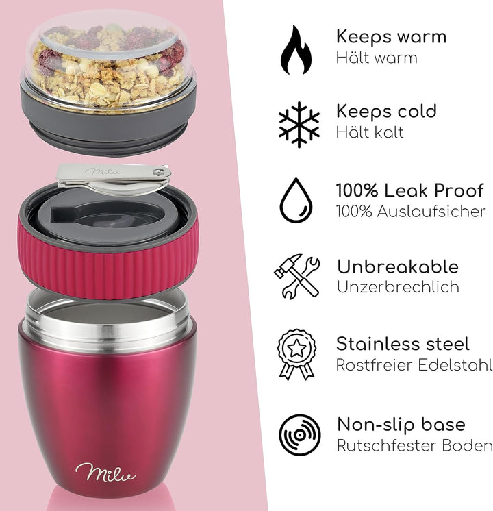 Milu Müslibecher to go 400ml MüsliMax I isolierter Edelstahl Joghurtbecher für Müsli I auslaufsicher