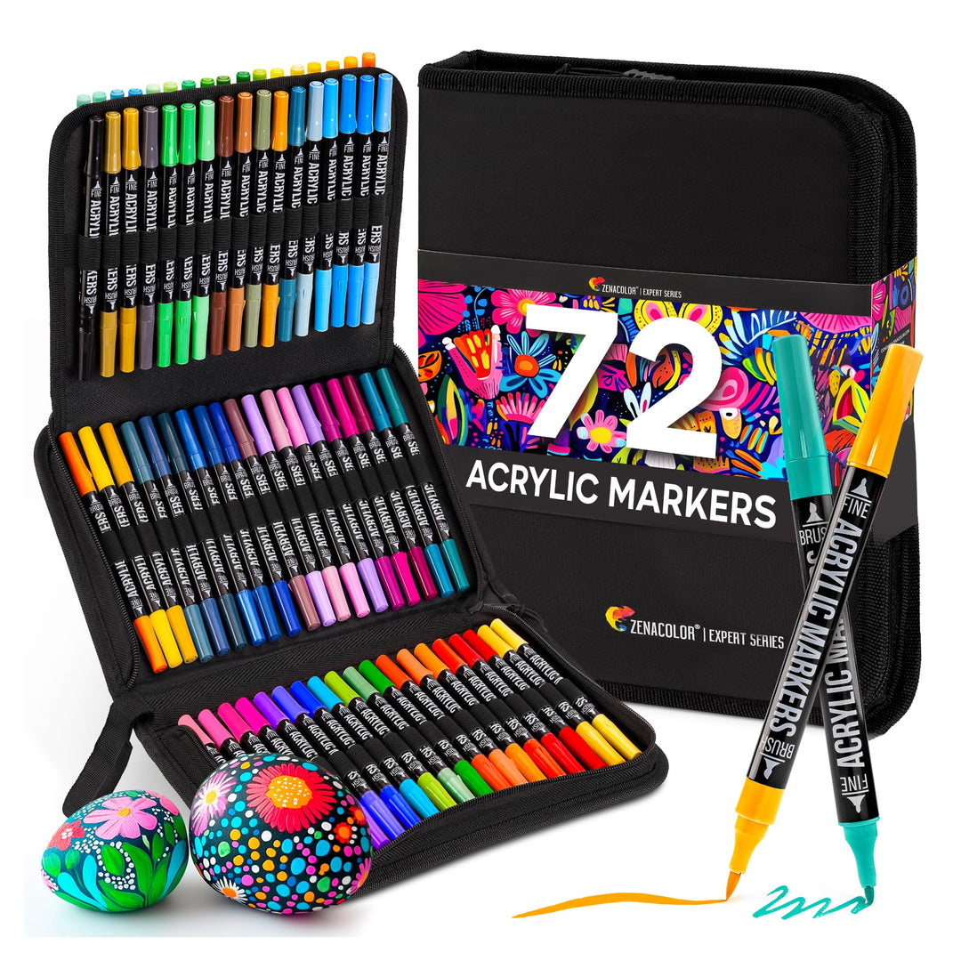 Zenacolor 72 Acrylstifte für Steine Wasserfest - mit Doppelspitze (feine Spitze und Pinsel) zum Zeic