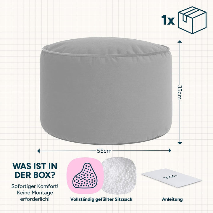 Icon Runder Sitzpuff „Milano“, XL Samt Sitzsack Hocker, Gross Fusshocker für das Wohnzimmer, Sitzkis