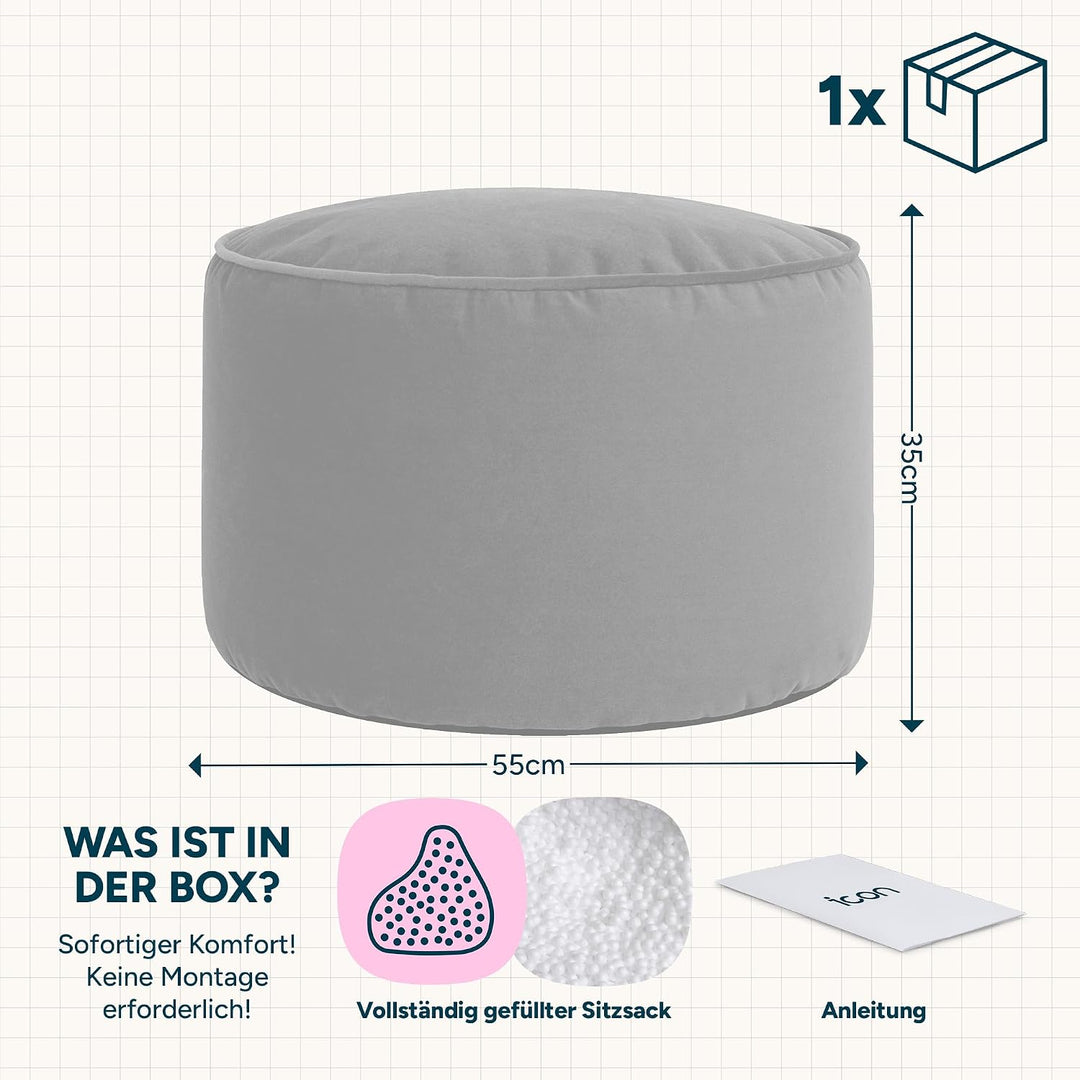 Icon Runder Sitzpuff „Milano“, XL Samt Sitzsack Hocker, Gross Fusshocker für das Wohnzimmer, Sitzkis