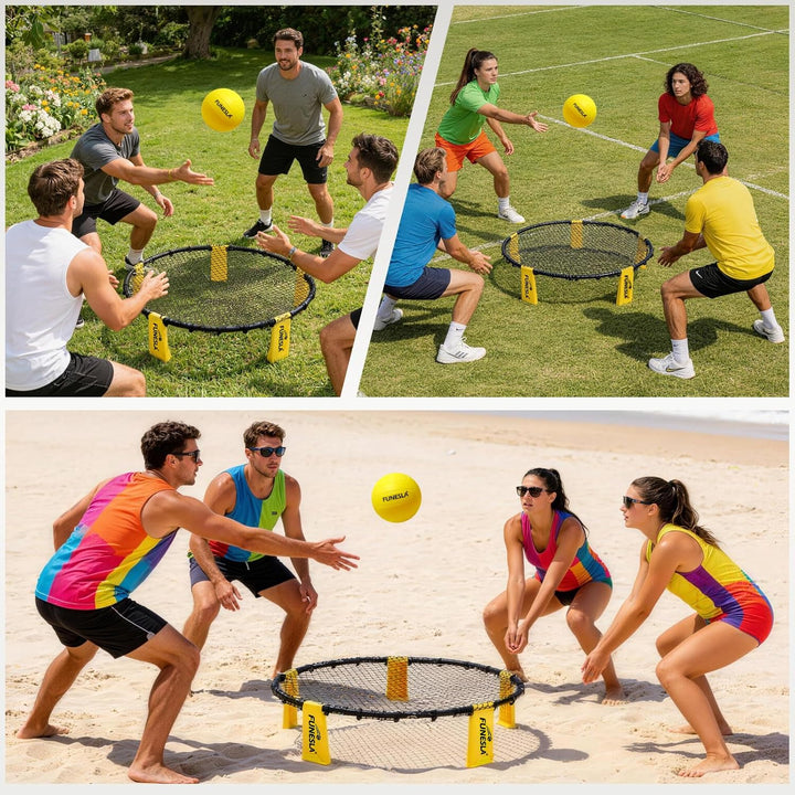 Roundnet Set mit Tasche für Strand & Garten, Outdoorspiel mit direkter Steckmontage, inkl. 3 Bälle (