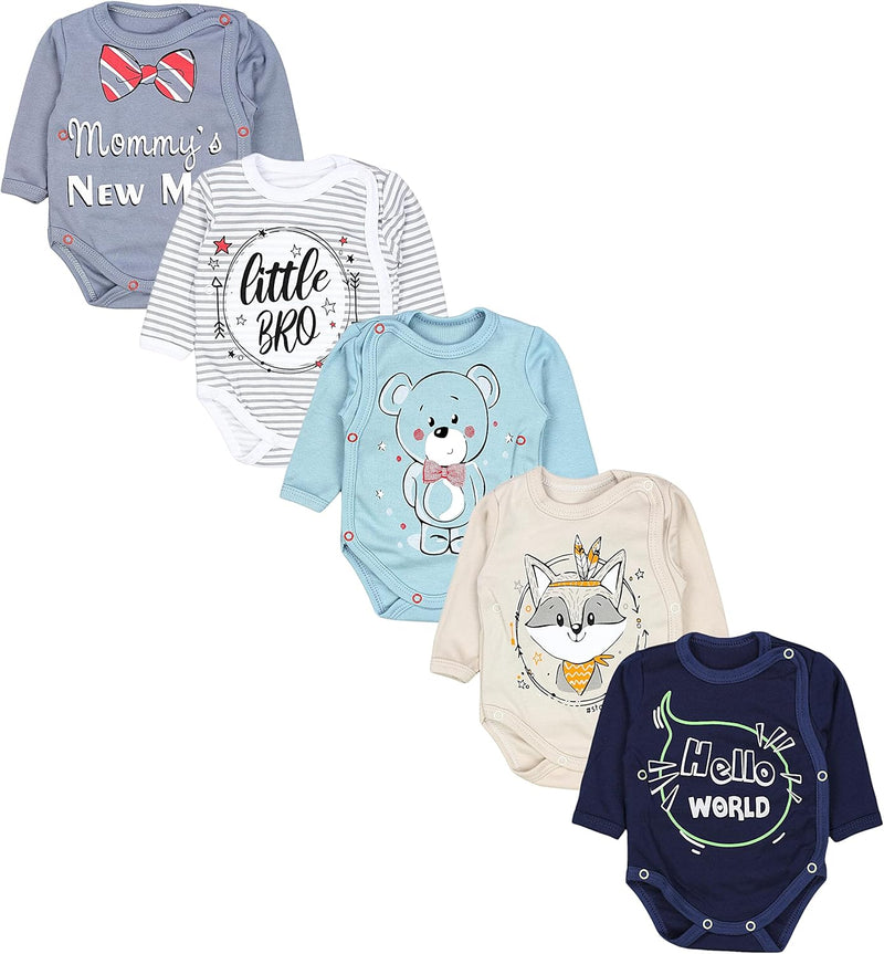 TupTam Baby Unisex Langarm Wickelbody Print/Uni 5er Pack 68 Little Bro Blau Grau Bärchen Fuchs Beige