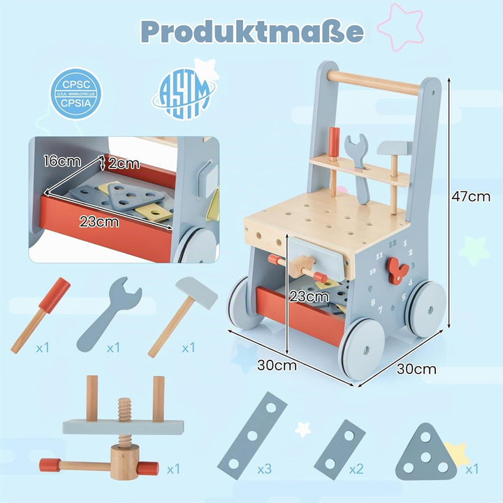 FANTASK 2 in 1 Lauflernwagen, Lauflernhilfe aus Holz, Montessori Kinder Werkbank Spieltisch, Multi-A