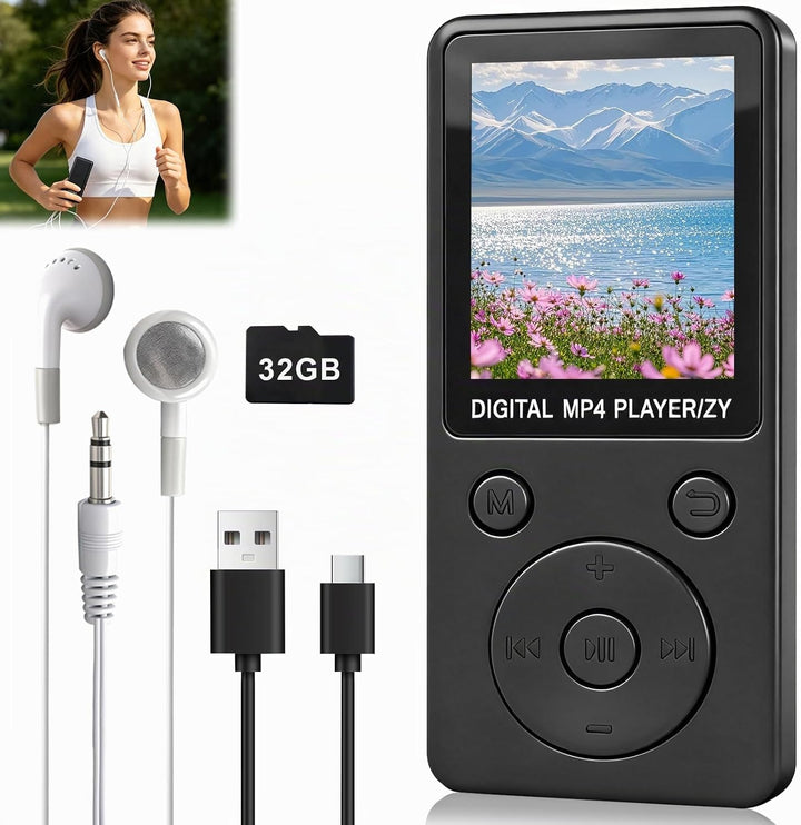 MP3 Player Bluetooth 5.0 32GB mit Lautsprecher, 70 Std Musikplayer Verlustfreier Sound, 1,8 Zoll TFT