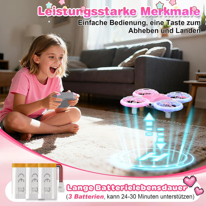 Mini Drohne für Kinder RC Drohne mit LED Geschenke für Jungen und Mädchen | 3 Akkus, 360°Flips Rosa,