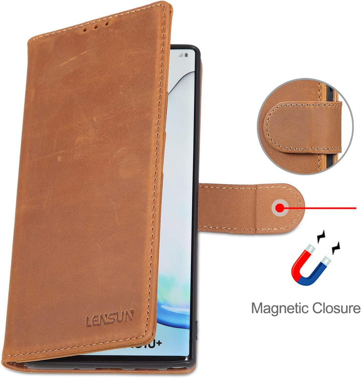 LENSUN Echtleder Hülle für Samsung Galaxy Note 10 Plus, Handyhülle [Echtes Leder] [Magnetverschluss]