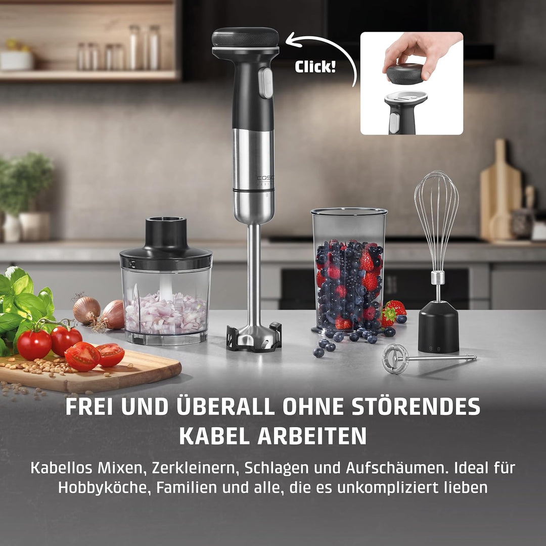 CASO Click & Mash - kabelloses 4 in 1 Stabmixer Set, akkubetrieben, verwendbar als Pürierer, Zerklei