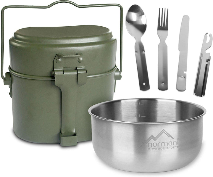 Outdoor Geschirrset Essbesteck + Aluminium Kochgeschirr + Schale 18/8 Stahl - rostfrei Oliv, Oliv