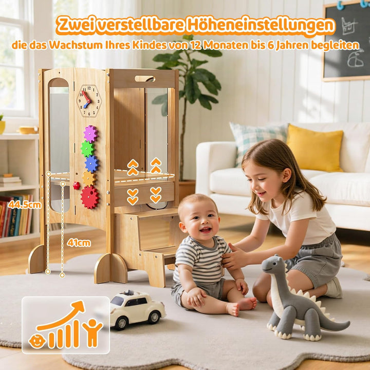 Lernturm Klappbar ab 1 Jahr, 5 in 1 Multifunktionaler Lernturm aus Holz mit Tafel, Montessori Learni