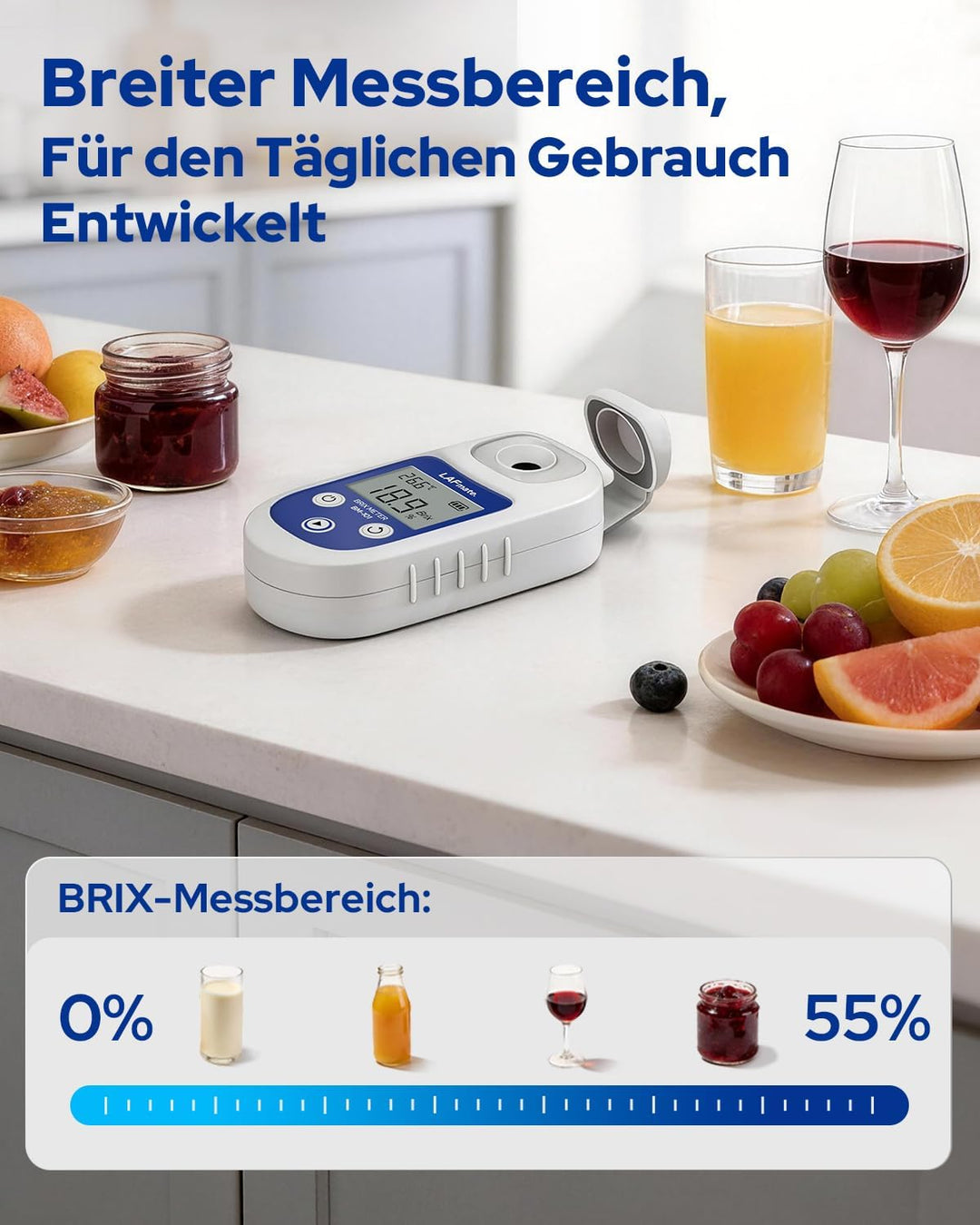 Digitales Refraktometer 0-55% ±0,2%, BM101 Brix Refraktometer mit ATC, IP65 Refraktometer Brix für S