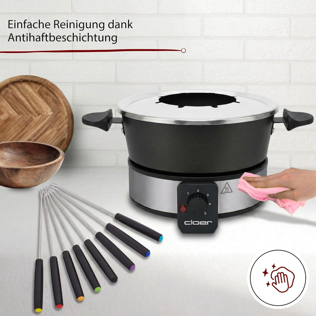 Cloer 6679 Fondue für 8 Personen, beschichteter Aluminiumtopf, inklusive Spritzschutz, 8 farbig mark