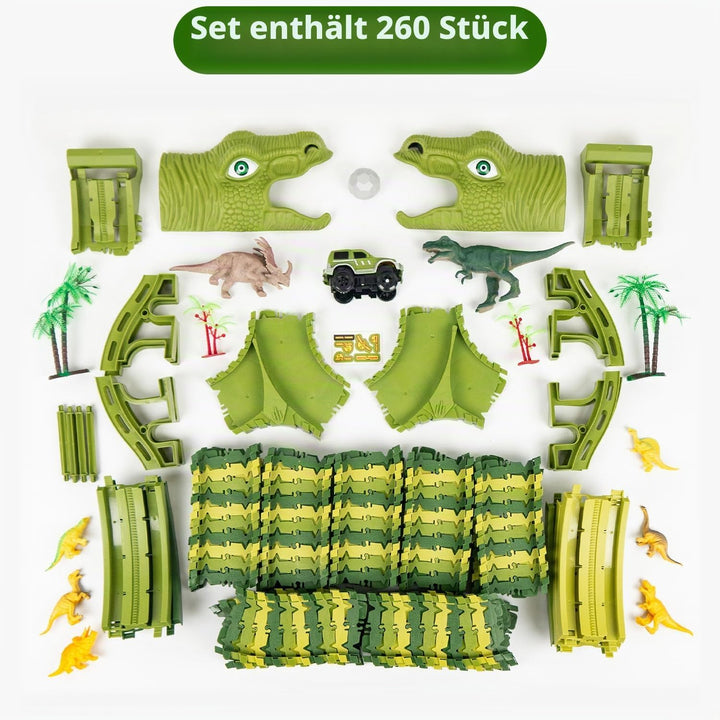 CELMAN Dinosaurier Spielzeug - Flexibles Rennbahn mit viele Teilen und Geländewagen, Autorennbahn Sp