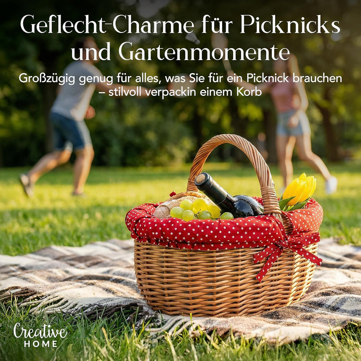 Creative Home Grosser Picknickkorb mit Stoffeinlage Rot mit Pünktchen Weidenkorb mit Henkel | Einkau