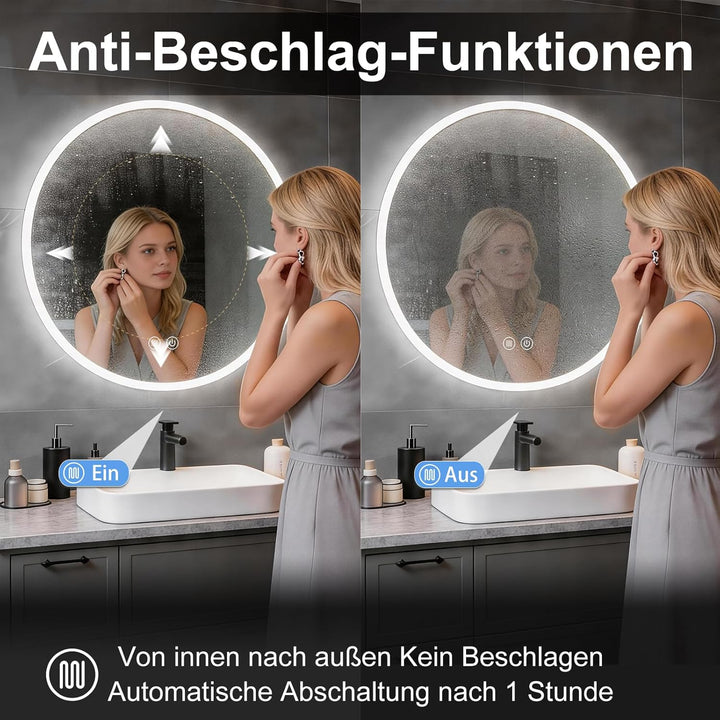 Badspiegel mit Beleuchtung 60cm, Runder Spiegel Badezimmerspiegel mit Beleuchtung, Touch-Schalter, S
