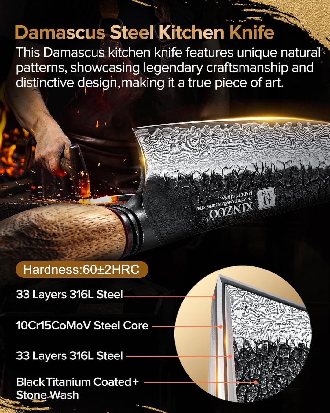 XINZUO 21,1cm Kiritsuke Kochmesser Handgeschmiedet 67 Schichten Damaststahl Chefmesser -Profi Scharf
