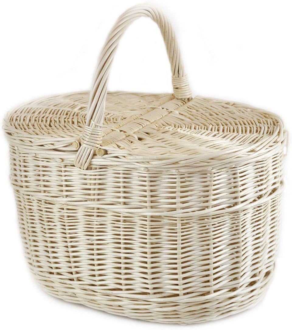 MyBer® Korb Picknickkorb Tragekorb mit 2 Deckeln Weidenkorb Vollweide Einkaufskorb geflochten weiss