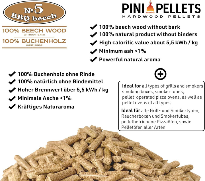 PINI Hartholz Pellets Eiche 15 Kg + Buche 15 Kg für Grill, Smoker, Pizzaofen und Heizungsanlagen
