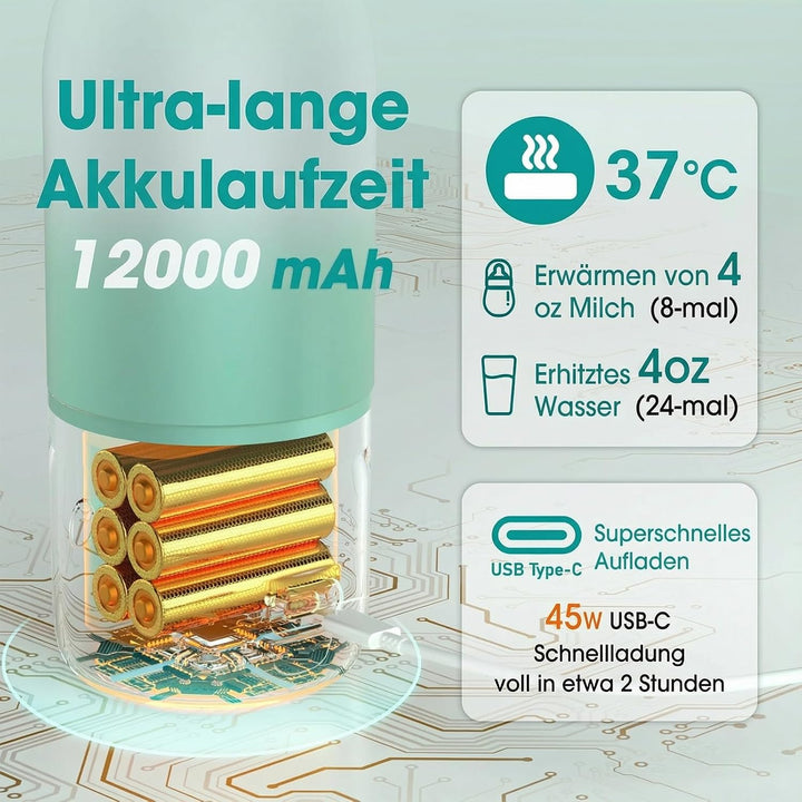 Tragbarer Flaschenwärmer unterwegs für Baby, Schnelles Aufheizen und Lange Akkulaufzeit 12000mAh, Zw