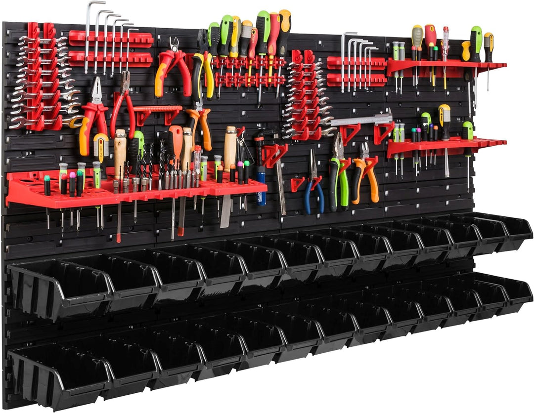 Lagersystem Werkstattregal | 156 x 78 cm | 26 stck. Box | Wandregal mit Werkzeughalterungen und Stap