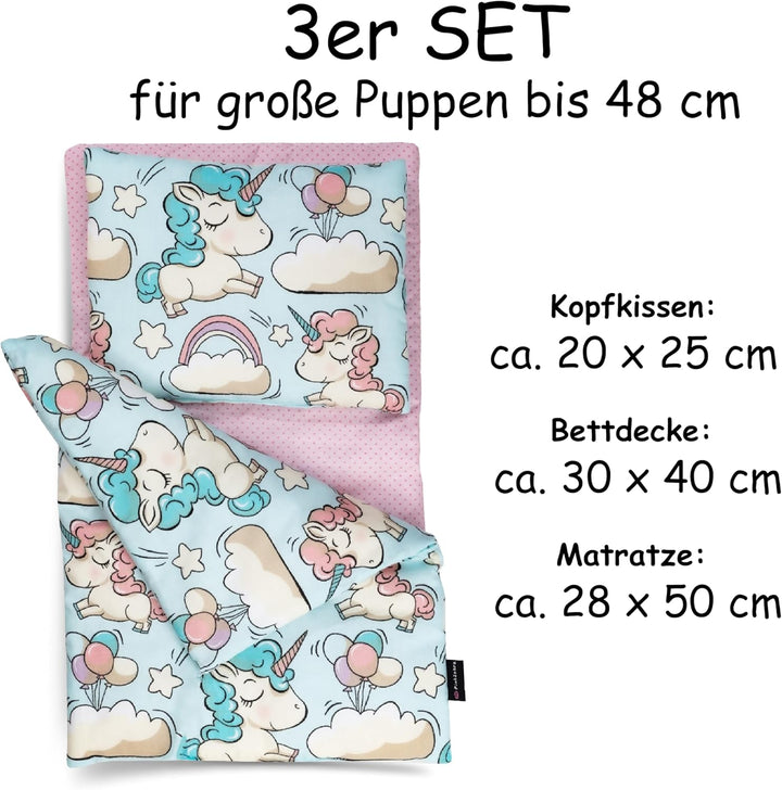 PinkZebra 3er Set Puppenbettwäsche für Puppen bis 43 cm, Puppenbettzeug 3-teilig, Decke + Kissen + M