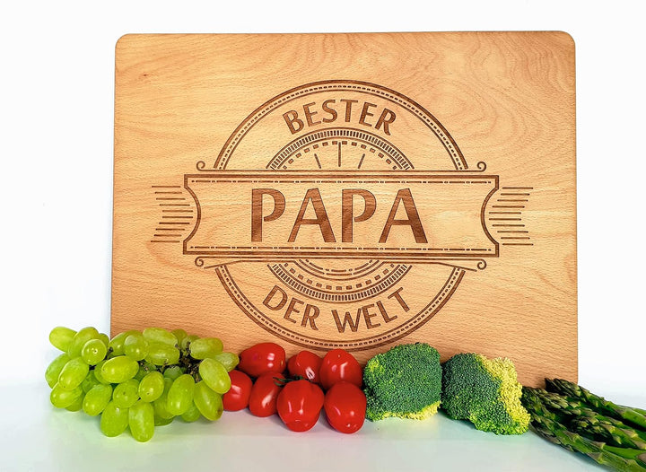 Grosses Hartholz Schneidebrett 38,5x30 cm für die BESTER PAPA DER WELT | Handgefertigt Holzbrett | G