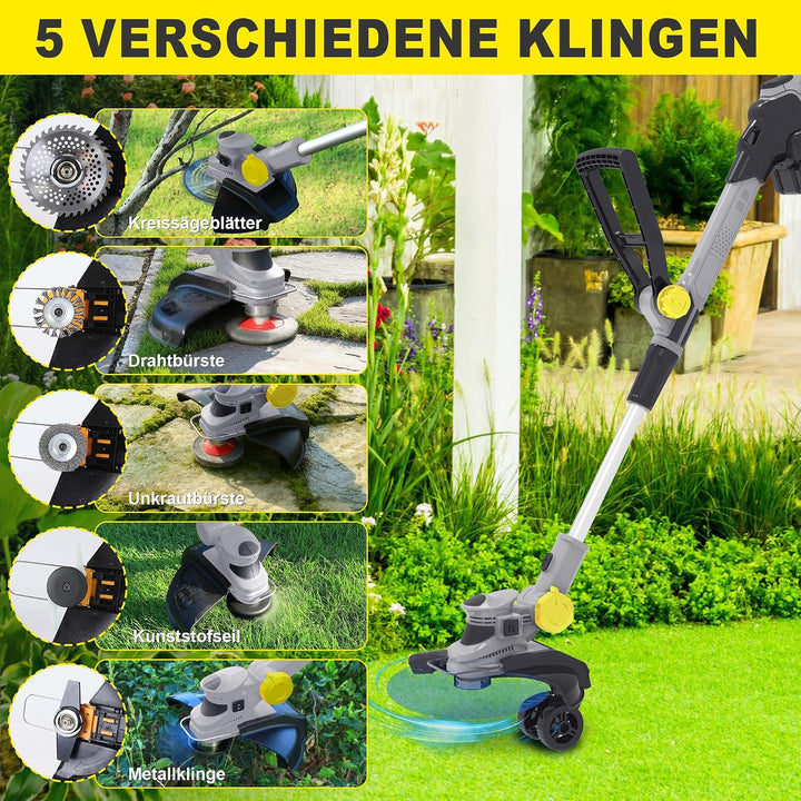 Rasentrimmer mit 21V,freischneider mit unkrautbürste,2-in-1 Freischneider akku,6 Klingentypen,inkl 2