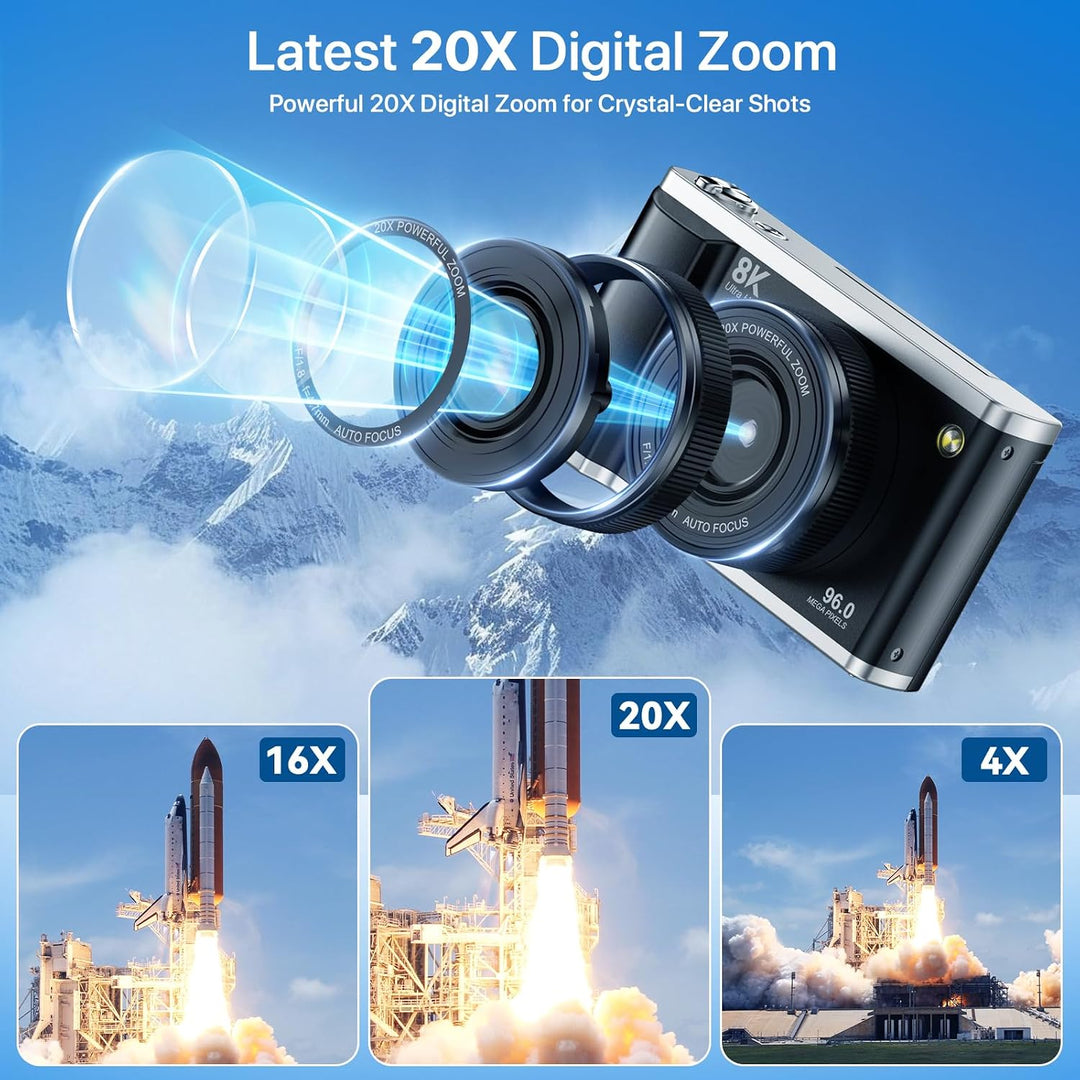 Digitalkamera 8K 96MP mit WLAN, 20X Digitalzoom, Autofokus-Fotokamera mit Anti-Shake, 3,5'' 180° Kla