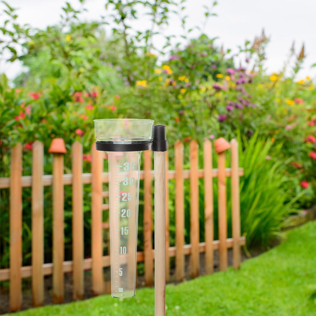Relaxdays Regenmesser 2er Set, mit Stab, Niederschlagsmesser Garten, Skala 35mm/m², Kunststoff & Hol