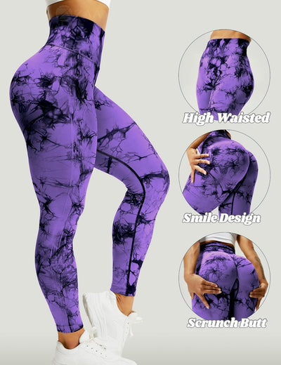 ZAAYO Damen Gym Leggings Sport Booty Scrunch Butt High Waist Seamless Yoga Hosen # G Tie Dye Violett