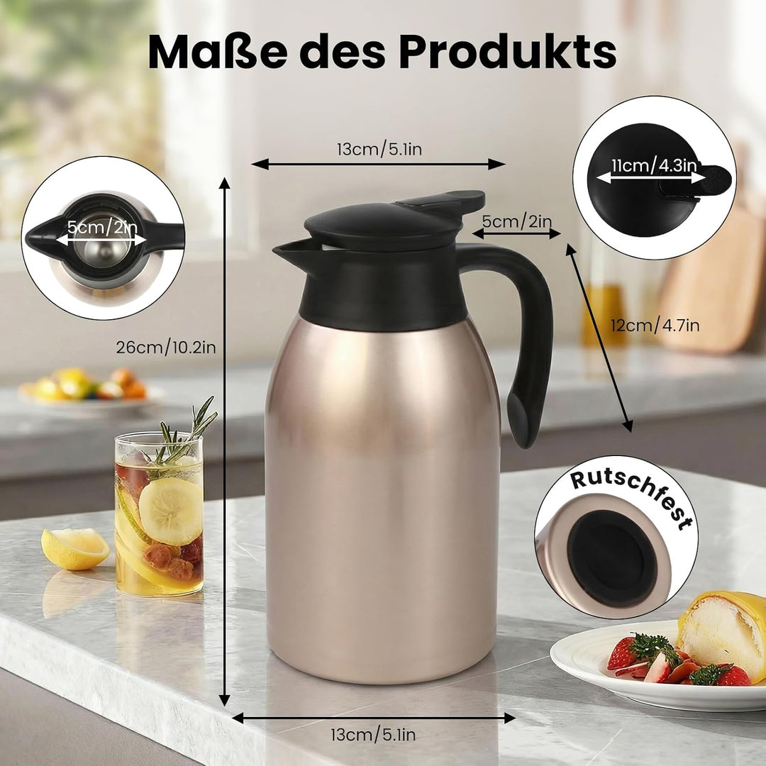 Thermoskanne 2L, Doppelwandige 316 Edelstahl Kaffeekanne, Vakuum Isolierkanne 24h Warmhalten, Für Ka