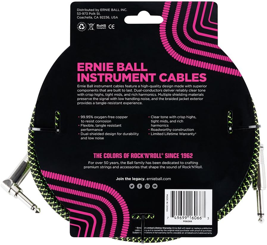 Ernie Ball Instrumentenkabel geflochten, gerade/gewinkelt, 7,62 m, Schwarz/Grün Neon-grün/schwarz 7,
