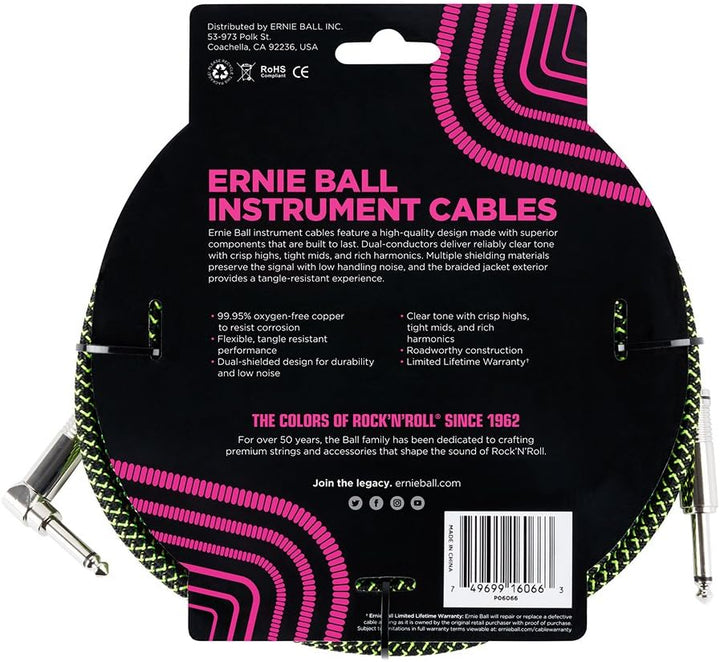 Ernie Ball Instrumentenkabel geflochten, gerade/gewinkelt, 7,62 m, Schwarz/Grün Neon-grün/schwarz 7,