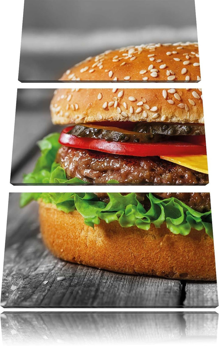 Pixxprint appetitlicher Cheeseburger als Leinwandbild/Grösse: 3 Teilig (120x80) cm/Wandbild/Kunstdru