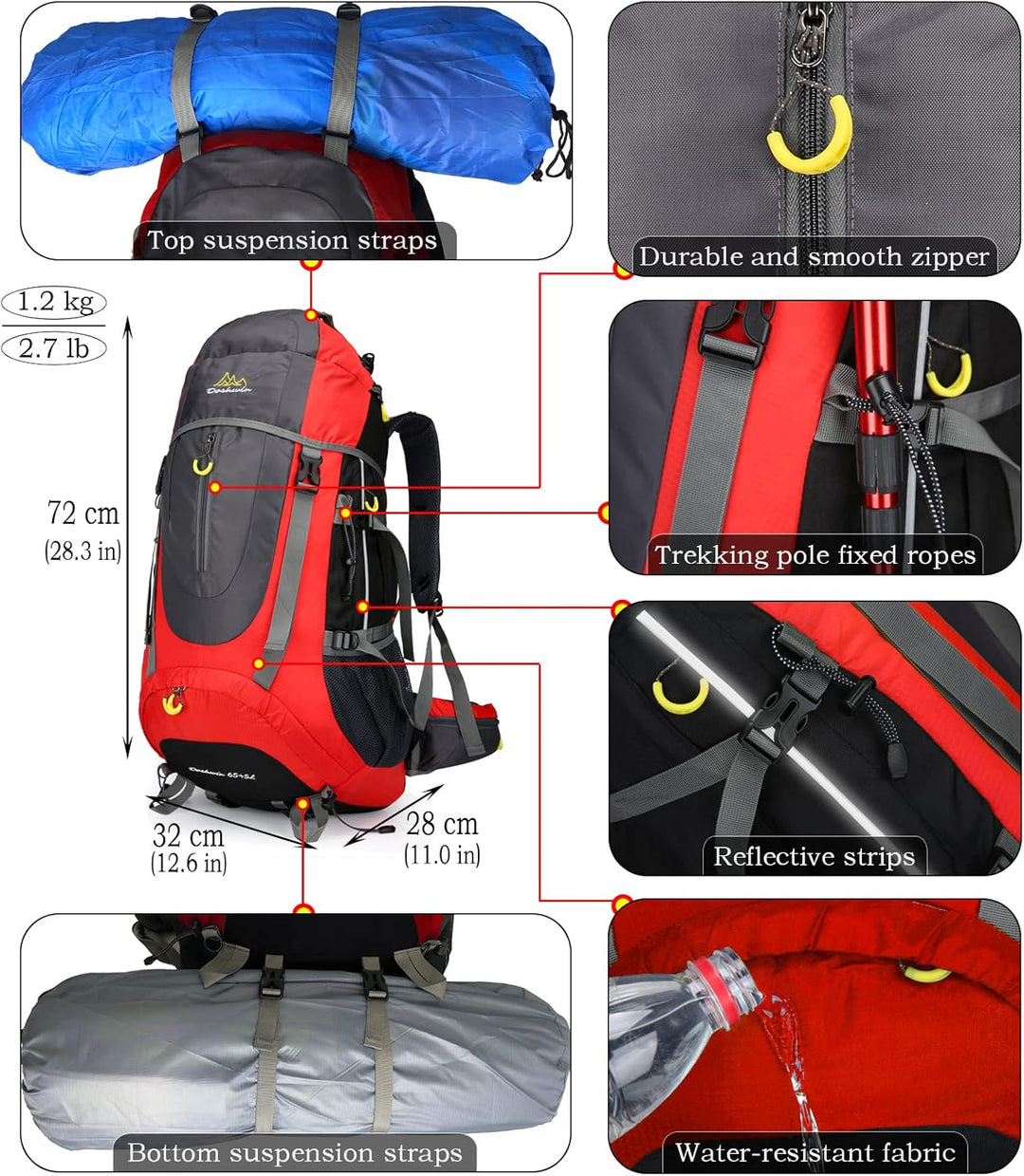70L Trekkingrucksack Campingrucksack Reiserucksack Wanderrucksack Grosser Rucksack für Damen Herren