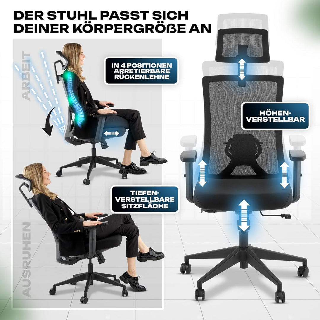 VALKENSTOL M3 Komfort Ergonomischer Bürostuhl 150 kg – [Höhenverstellbare Lordosenstütze] Schreibtis