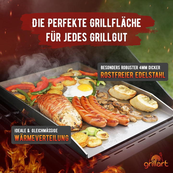 grillart® Premium Plancha Grillplatte mit Grillspachtel aus massiven 4mm Edelstahl – 30x40cm Univers