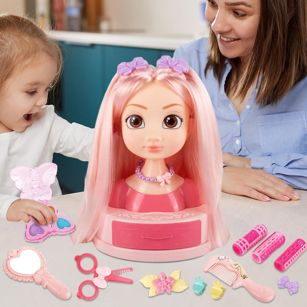 Mädchen Beauty-Salon Set | Puppenkopf Styling-Set mit Schmink-Kosmetik - Styling Spielzeug Set Mit O