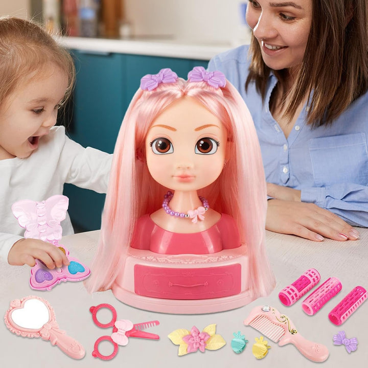 Mädchen Beauty-Salon Set | Puppenkopf Styling-Set mit Schmink-Kosmetik - Styling Spielzeug Set Mit O