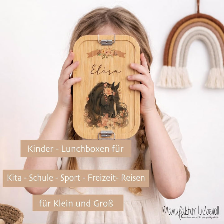 Manufaktur Liebevoll - Personalisierte Brotdose Pferd Pony m. Fächern, Edelstahl Lunchbox I Bambus D