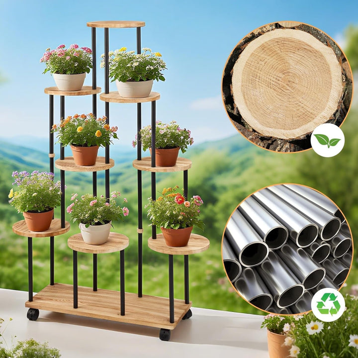 Blumenständer mit Rollen 9 Etagen Pflanzenregal Holz Pflanzentreppe Hoch Blumentreppen Metall Blumen