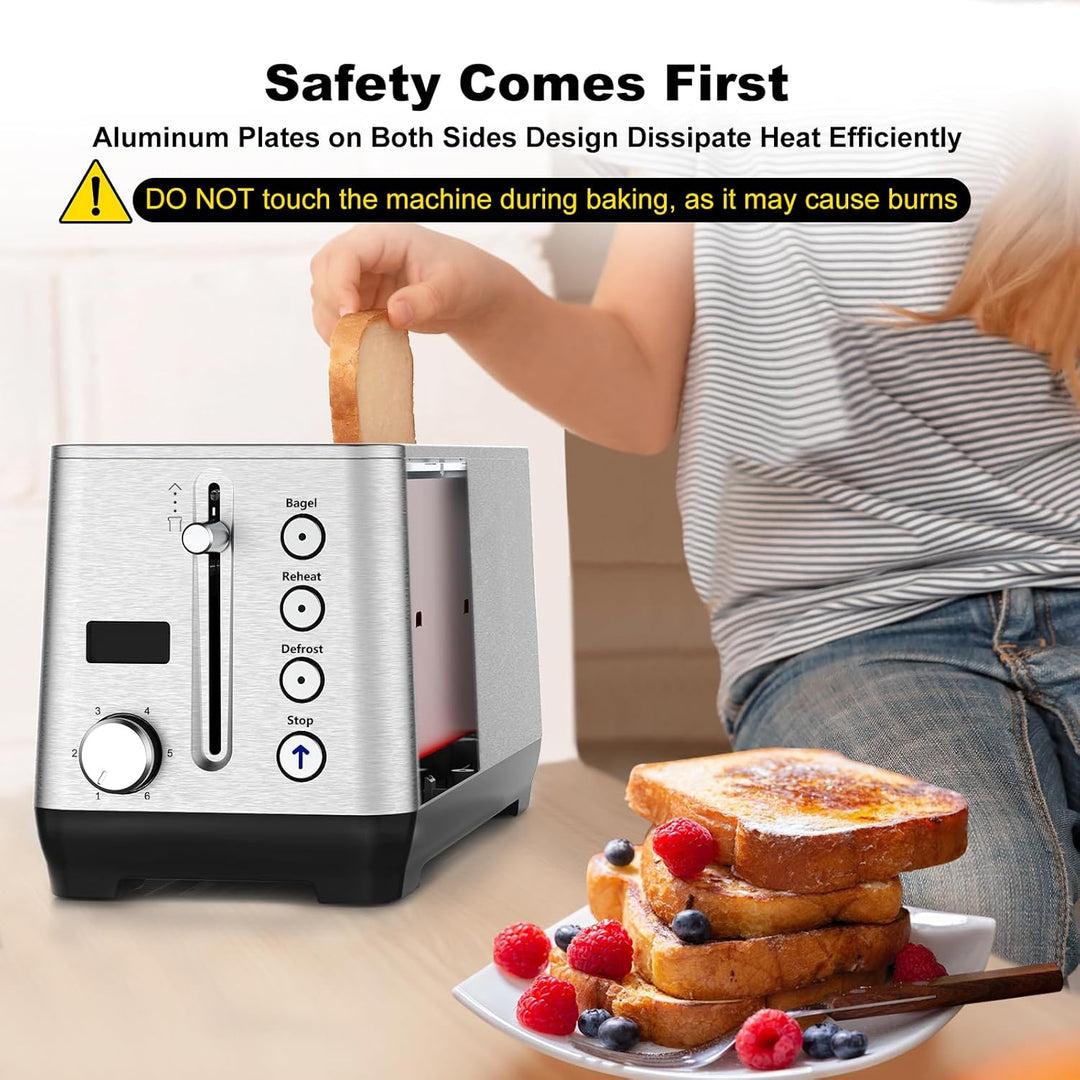 Toaster 4 Scheiben, Doppel-Langschlitztoaster Brötchenaufsatz Krümelschublade LCD Display mit Restze