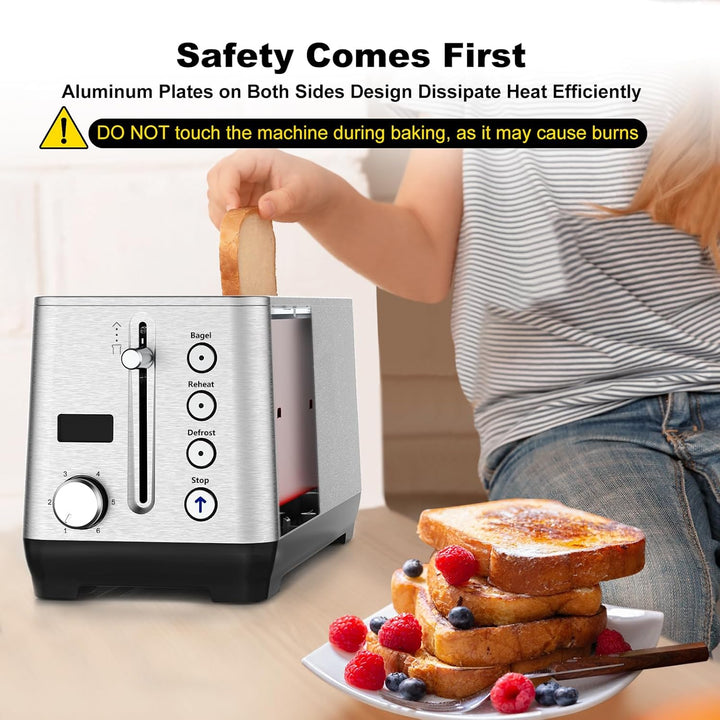 Toaster 4 Scheiben, Doppel-Langschlitztoaster Brötchenaufsatz Krümelschublade LCD Display mit Restze