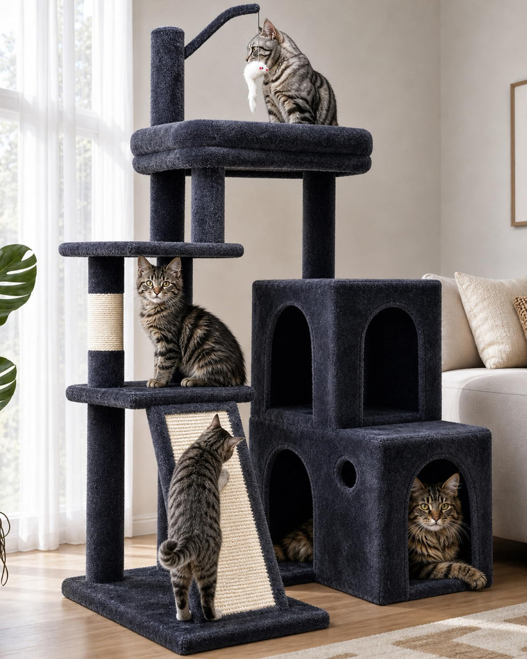 Globlazer Kratzbaum Stabil mit 2 Gross Basis, 2 Katzenhaus 90° Drehbares, Gepolsterte Plattform, Sis